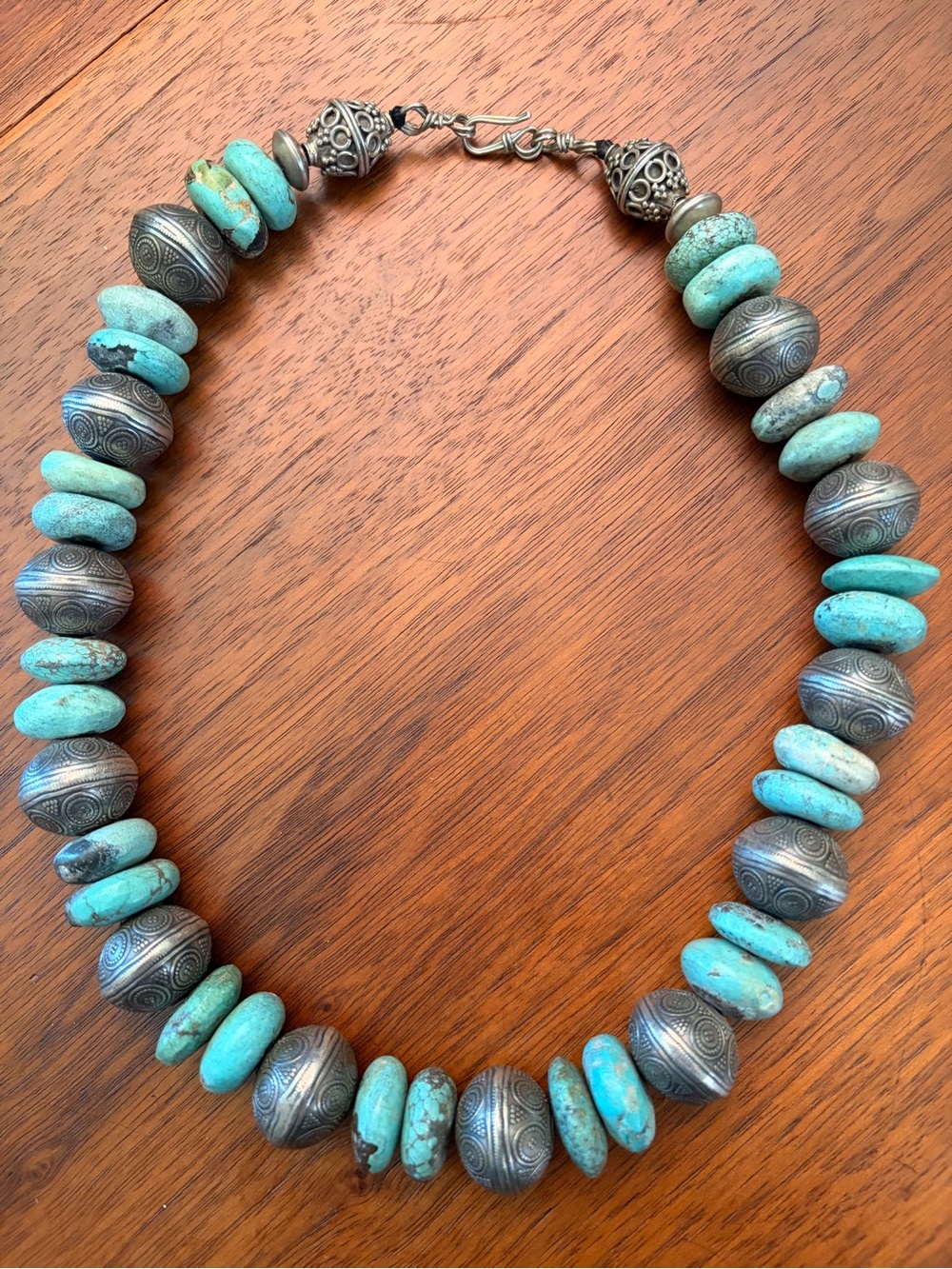Vintage Moroccan Artisan Necklace - Turquoise and Silver Beads